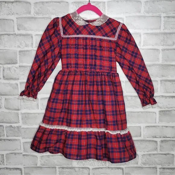 Vtg Polly Flinders Red & Blue Plaid Hand Smocked Dress, size 5