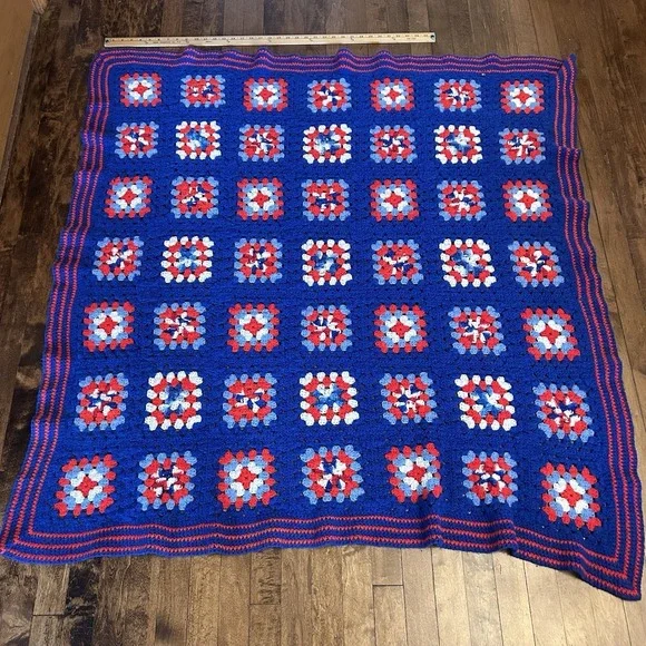 Vtg Handmade Granny Square Crochet Afghan Cottage Core 58