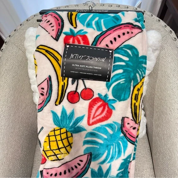 Betsey Johnson Bright Summer Fruits Cream Plush Throw Blanket