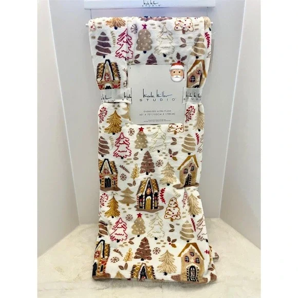Nicole Miller CHRISTMAS Gingerbread House Brown Plush Throw‎ Blanket