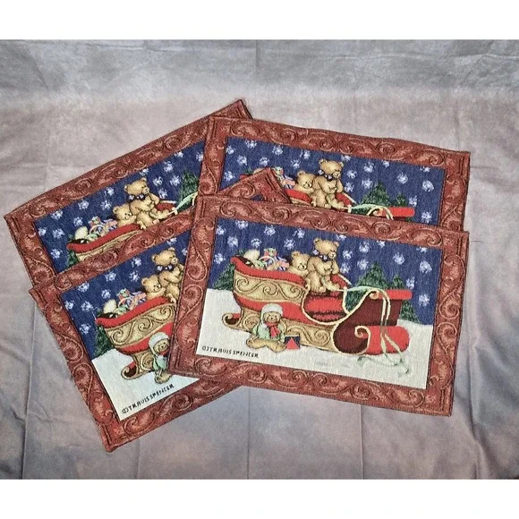 Travis‎ Spencer Tapestry Placemats Christmas Holiday Sleigh Bears Vintage (4)