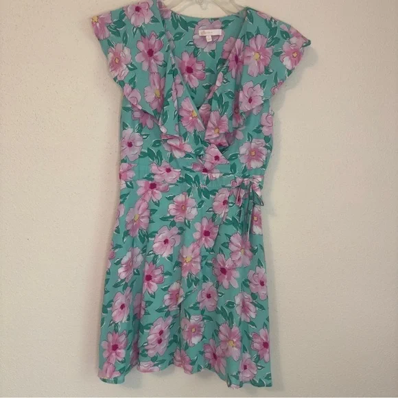GB Girls Floral Ruffle Dress in Blue/Pink Garden Party Vacation Wedding Sz L
