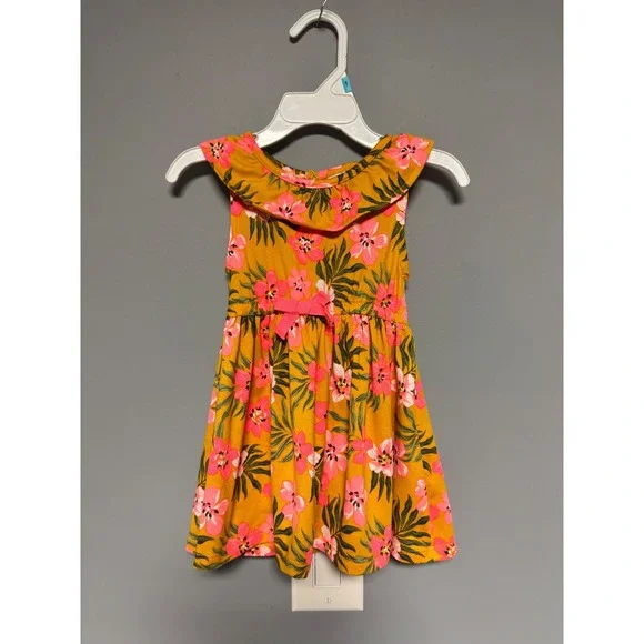 Little Lass Baby Girl Mustard Yellow‎ Pink Floral Ruffle Dress 12M Sleeveless