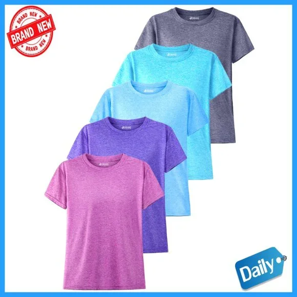 5 Pack Girls Athletic Dry-Fit T-Shirts Short Sleeve Crew Neck Tops