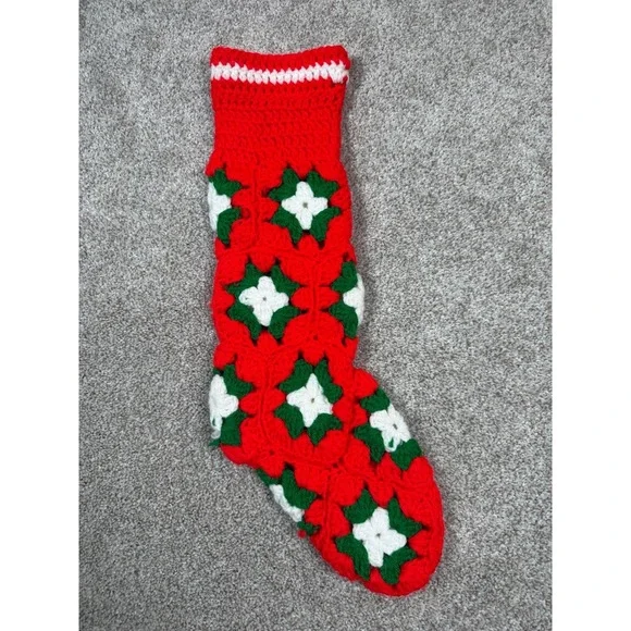 Vintage Granny Square Christmas Stocking Crocheted‎ Country White Red Green 18