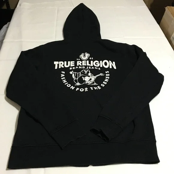 True Religion Mens Large Black Hoodie Full Zip Sweatshirt Black