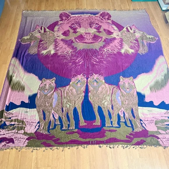 Vintage Wolf Tapestry Blanket‎ Reversible Wall Hanging Lodge Boho Rustic 97x89