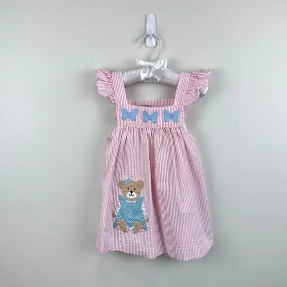 Vintage Samara Pink Seersucker Teddy Bear Bow Pinafore Dress 24 Months