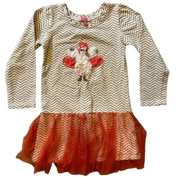 Havengirl turkey thanksgiving chevron tulle girls dress fall orange tan white 4