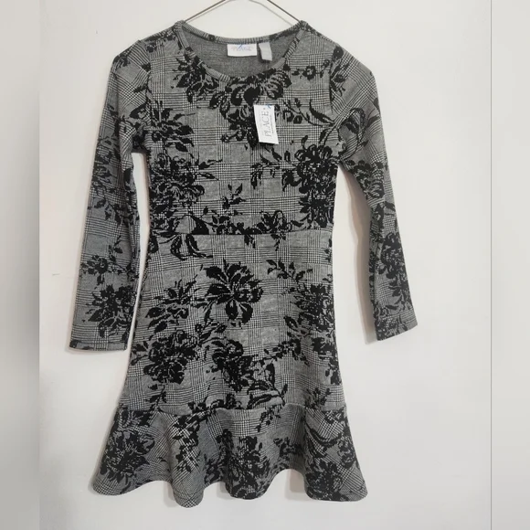 Girls Size 7 8 CHILDRENS PLACE Dress Long Sleeve Black Floral Plaid CASUAL New
