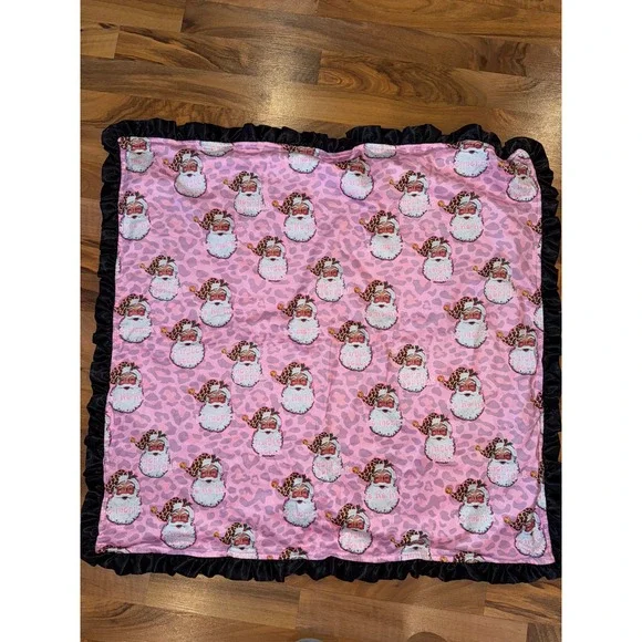 Pink Leopard Santa Baby Blanket Black Ruffle Edge Christmas Holiday carseat crib