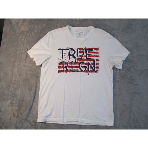 True Religion Mens White American Flag Graphic T-Shirt Distressed Logo Size L