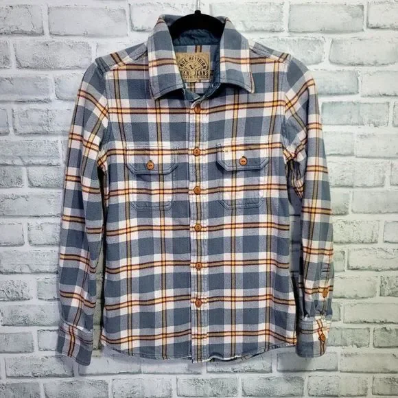 True Religion Mens XXS Indigo Grey Plaid Cotton Flannel Button Front Shirt‎