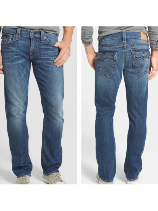 True Religion Men's Ricky Relaxed Straight Jeans in Blue Wash