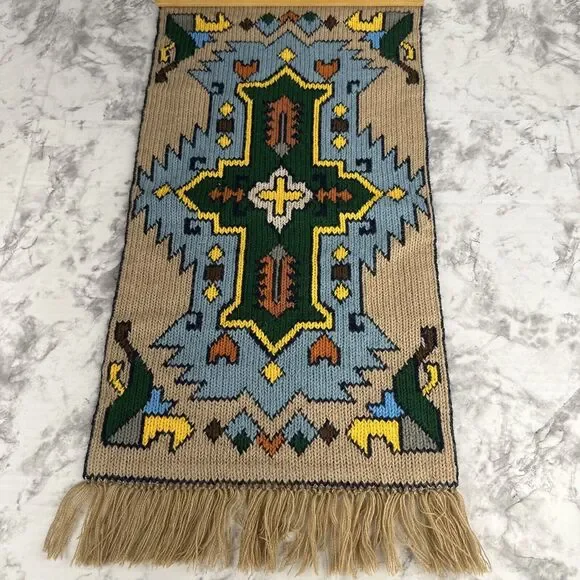 Vintage Handmade Knit Wall Hanging Tapestry Fringe Trim 20