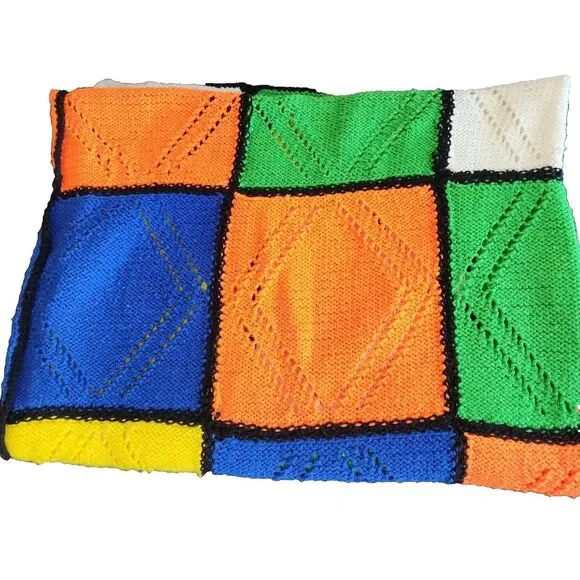 Afghan Throw 80s Bright Color Block Cube Handmade 70s Grannycore Vintage‎ Retro
