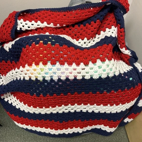 Crocheted Afghan 36 In Square Lap Throw Nice Red/ White And Blue July 4th