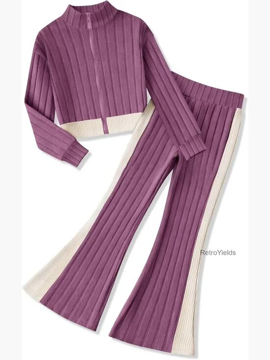 Girls 2 Piece Zip Up Cropped Sweatshirt & Flare Pants Set 7-14