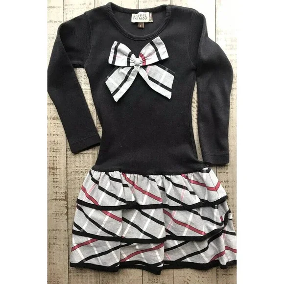 Sophie Catalou Girls Black Holiday Dress Sz 2 Long Sleeve Bow Tiered