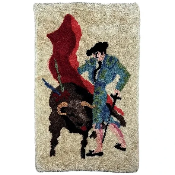 Vintage Latch Hooked Rug Shag Wall Art Tapestry Matador Bullfighter Spanish‎ 70s