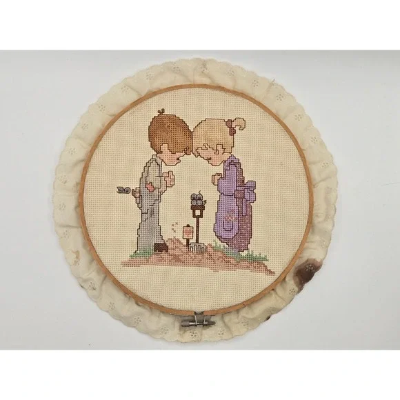 Vintage Cross Stitch Wall Hanging Boy Girl Pray 8