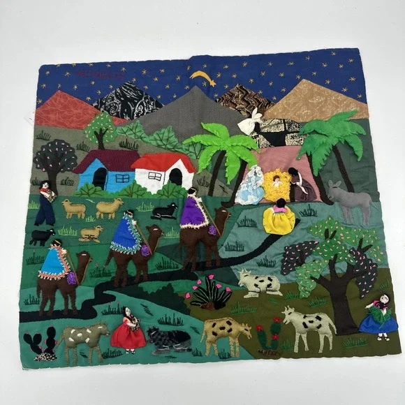 Peruvian Arpillera Folk Art Tapastry~ Vgt 3D‎ Handmade Christmas Nativity 19x17