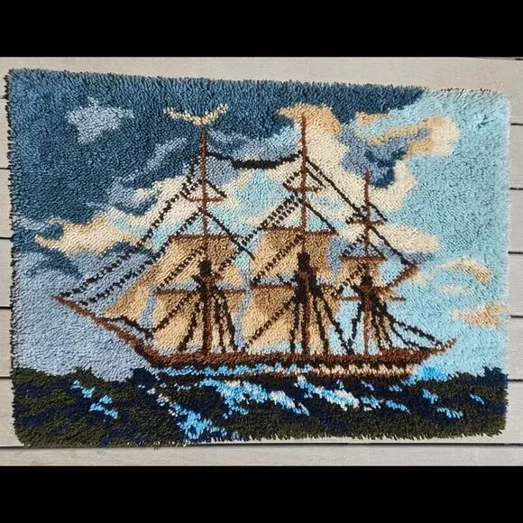 Vintage 70s Sailing Ship Latchhook Wall Hanging Tapestry, 39x28