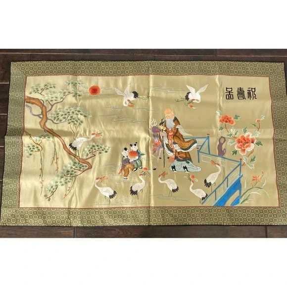 Vtg. Beijing Chinese Hand Embroidery Silk Floral Bird Tapestry Wall Art 43x25