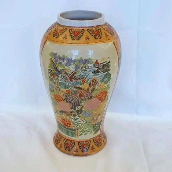 Vintage Hand-painted Asian Oriental Vase with Birds Flowers and Gold Accents