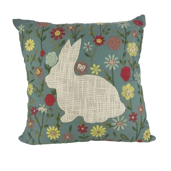 PIER 1 Embroidered Bunny Rabbit Pillow Zip Off Cover Easter Spring Decor