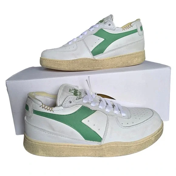 Diadora Haritage Mi Basket Row Cut White Stone Green Used Look Sneakers US 5M 6W