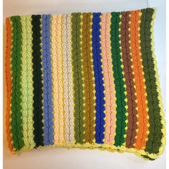 Vintage Afghan Granny Blanket Chevron Stripe Throw Handmade 70s