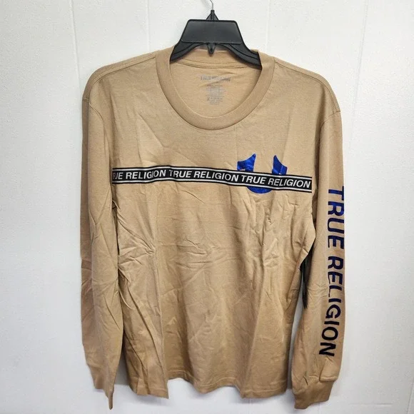 True Religion Shirt Mens 2XL‎ Beige Foil Taping Long Sleeve Logo Graphic XXL