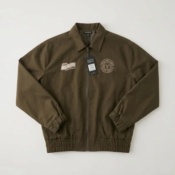Men's True Religion Brown Casual Jacket M Full Zip Logo Embroidered Accents