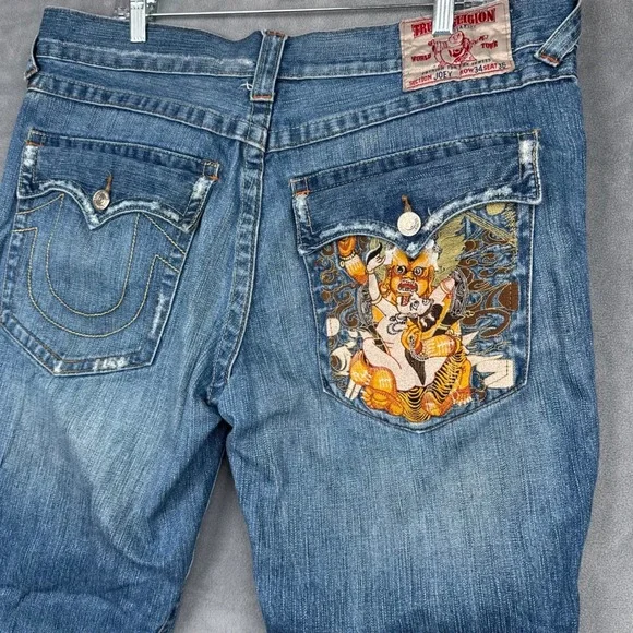 True Religion Joey Jeans Mens 34x36 World Tour Buddha‎ Embroidered Jeans Y2K USA