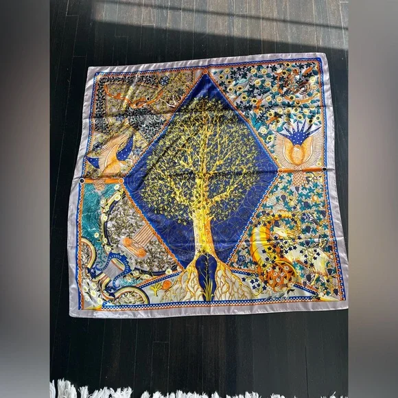 Elegant Blue and Gold Tree of Life Scarf 100% silk