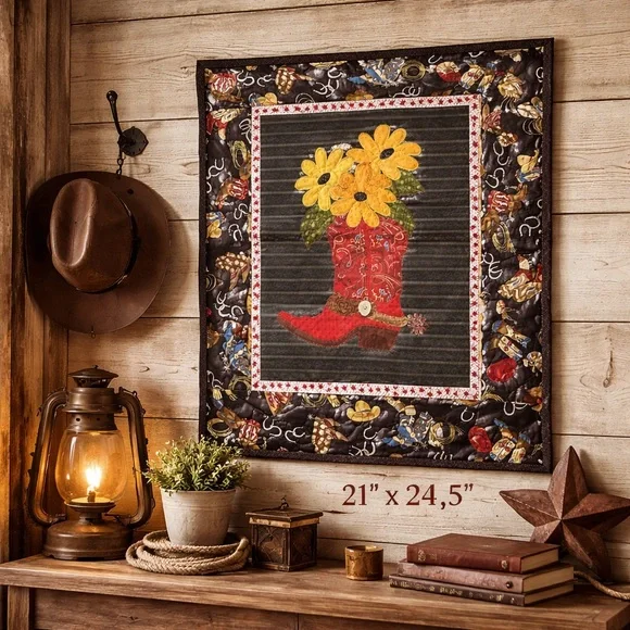 Western Cowboy Wall Hanging Quilt 21” x 24.5” – Appliqué Boot & Sunflowers
