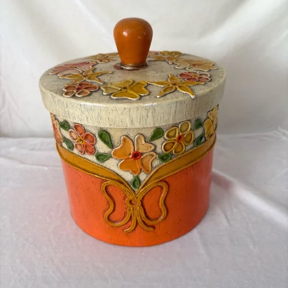 Vintage floral orange 70s paper mache storage canister home decor accent trinket