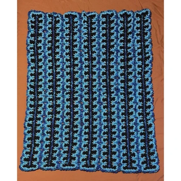 Handmade Crochet Afghan Blanket Teal Black Unique Pattern 53