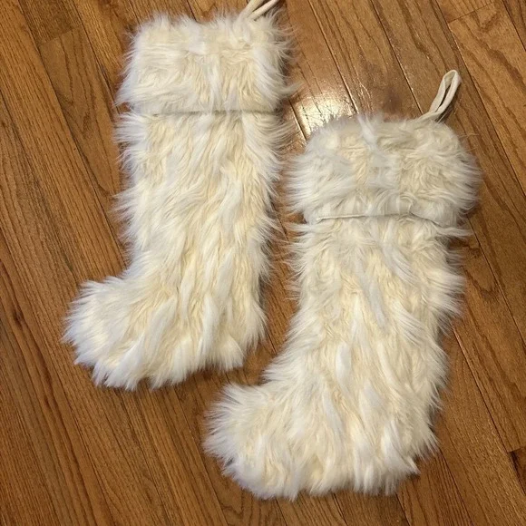 Pair‎ - 2 Nicole Miller Home Christmas Stocking White Faux Fur Designer Luxury