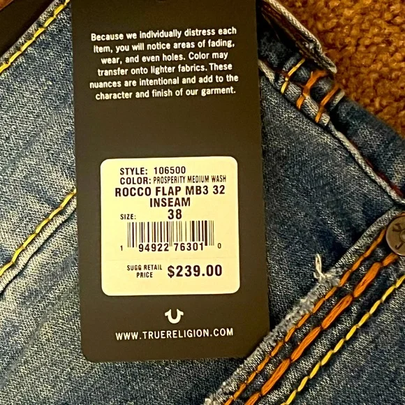 NWT $239 True Religion jeans sz 38/32