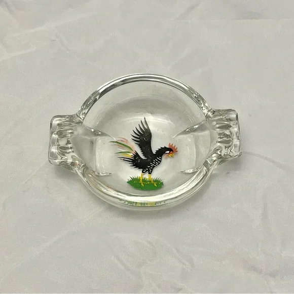 Sport King Federal Heavy Glass Ashtray With Painted Black Rooster, Vintage EUC