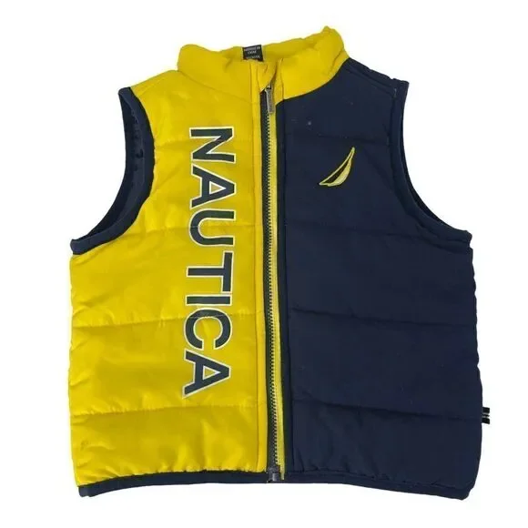Nautica Spellout Puffer Vest Logo Color Blocked Yellow Blue Baby Size 6-9 Month