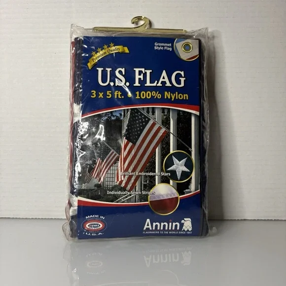 Annin Nylon USA Flag Embroidered Stars And Sewn Stripes Grommets 3ft x 5ft NEW