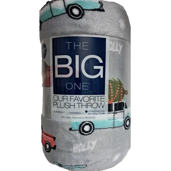 Christmas Plush Throw Blanket 5' x 6', Soft‎ and Cozy, Gray, Multicolor Trucks