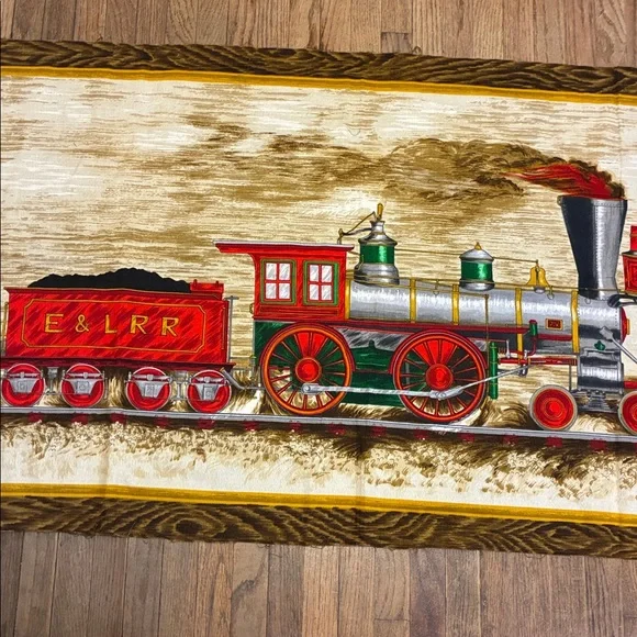 Large Vintage Train Tapestry with Red and Green Accents