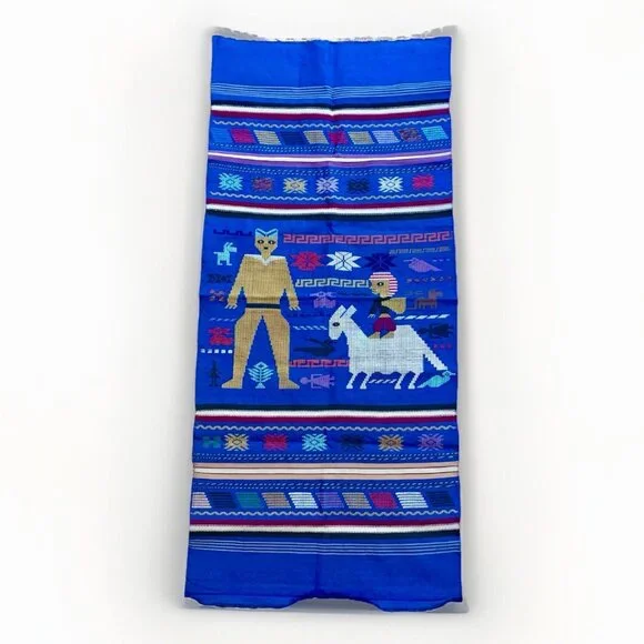VTG Guatemalan Hand Woven Cotton Blue Textile Tapestry Llama 48
