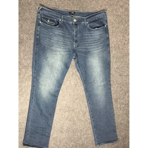 True Religion Ricky Relaxed Straight Jeans Mens 42 Blue Denim Neon Green Stitch