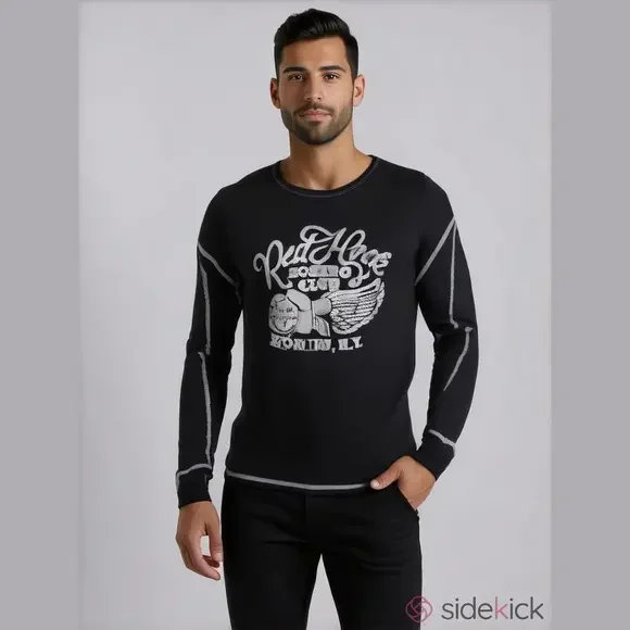 True Religion Men's 2XL Black Thermal Long Sleeve Graphic T-Shirt Boxing Theme