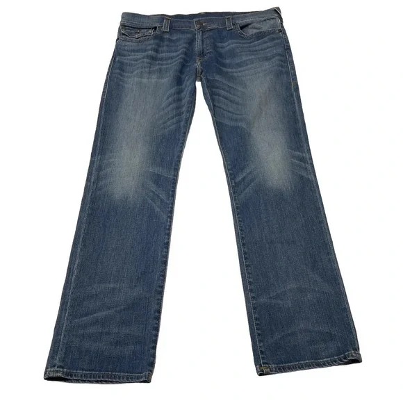 VTG True Religion Ricky Jeans Blue Straight Denim Pants Faded Whiskering 40x34‎